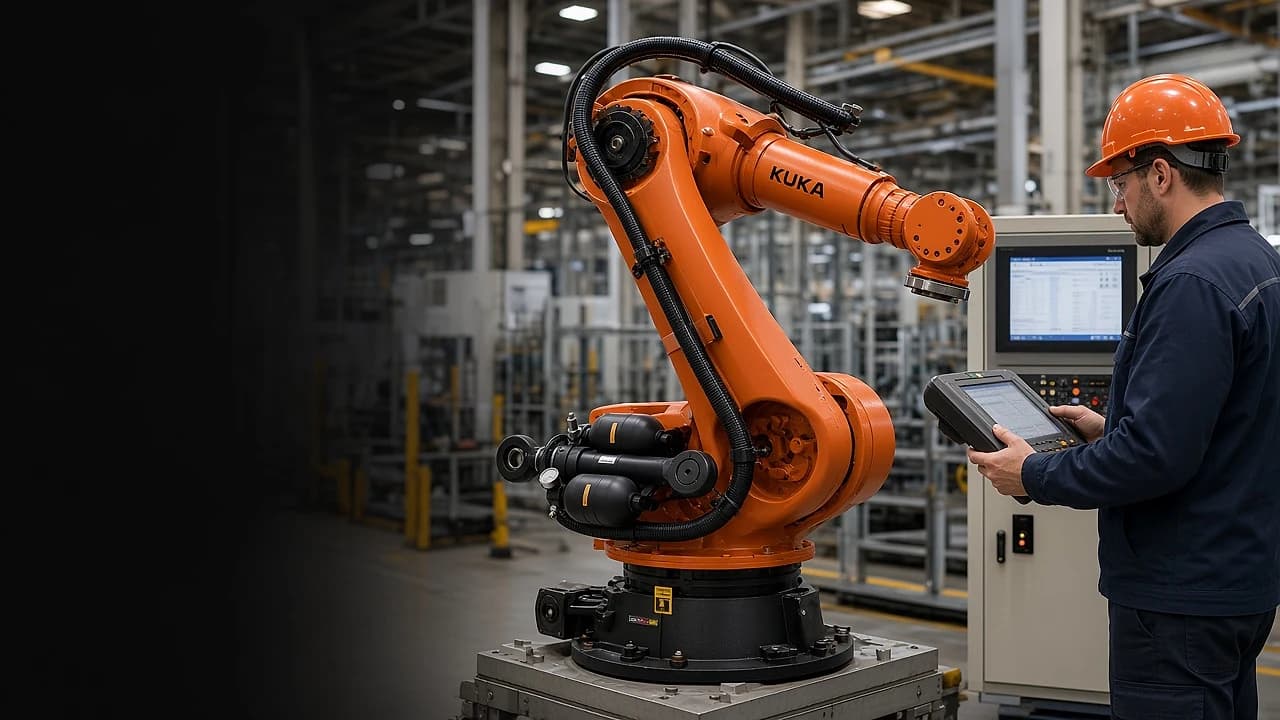 Engineer with a teach pendant commissioning a heavy-payload industrial robot arm on a factory floor