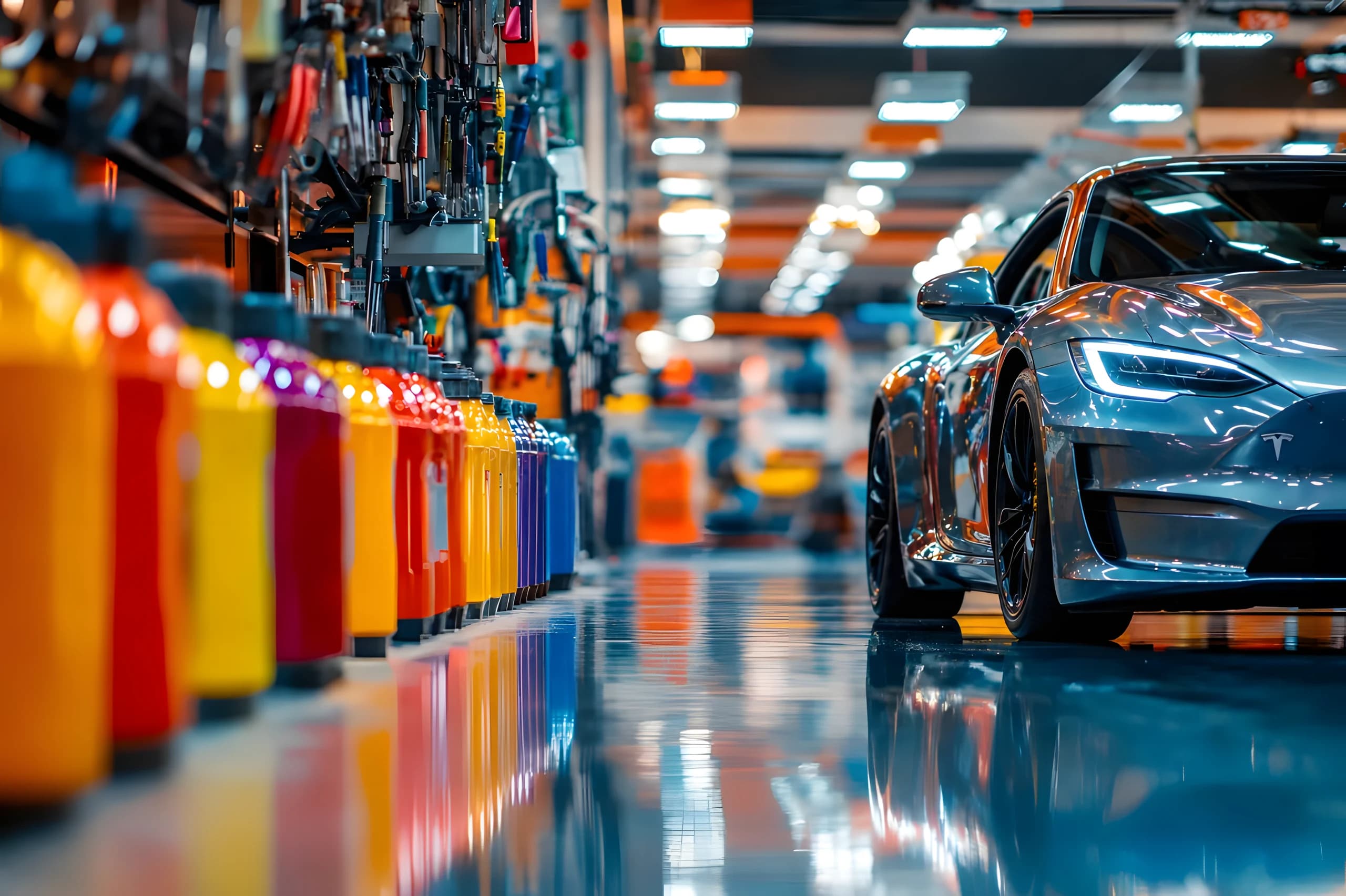 Example freshly painted sports car beside a row of paint containers in a finishing workshop (placeholder)
