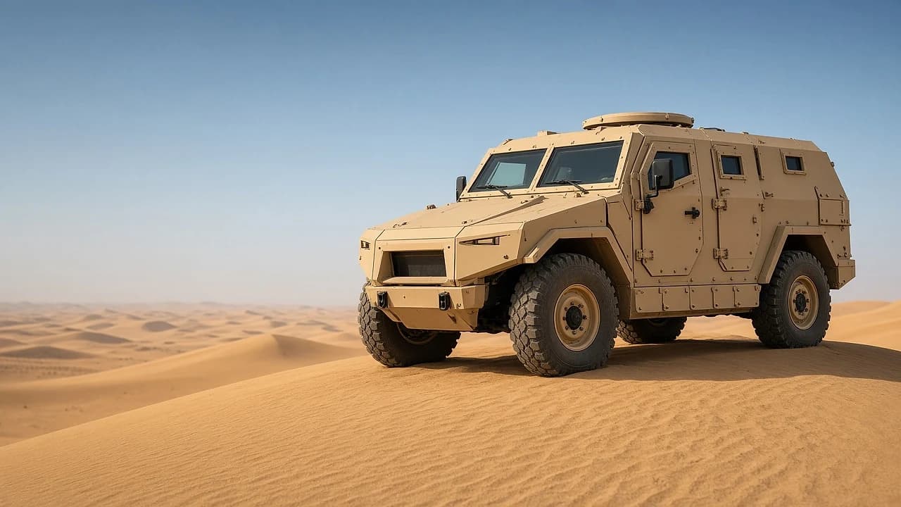 Example armoured patrol vehicle with fabricated and finished armour panels on a desert dune (placeholder)