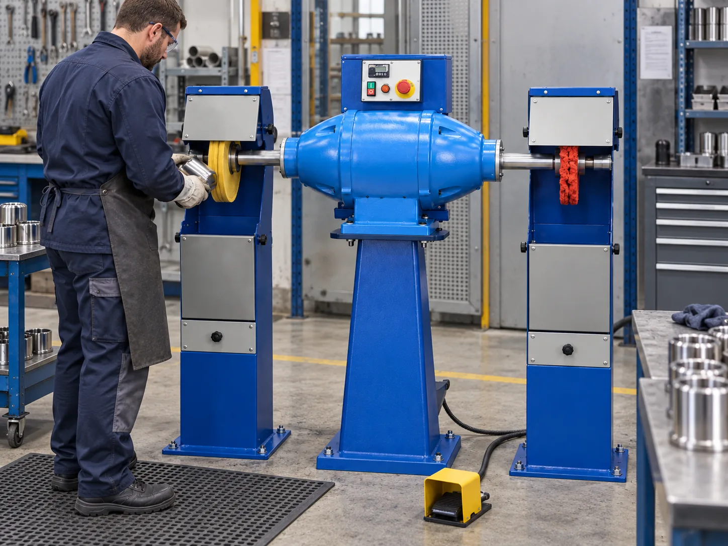 Dual-spindle polishing machine finishing a metal or wood component
