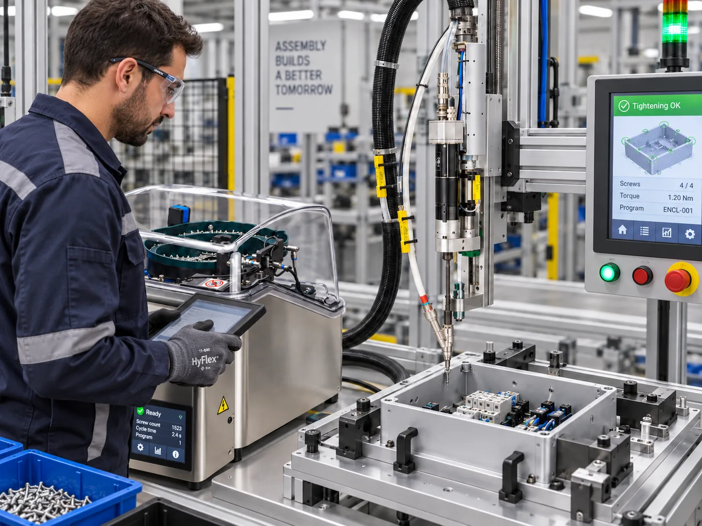 Technician monitoring a collaborative robot fastening a metal assembly
