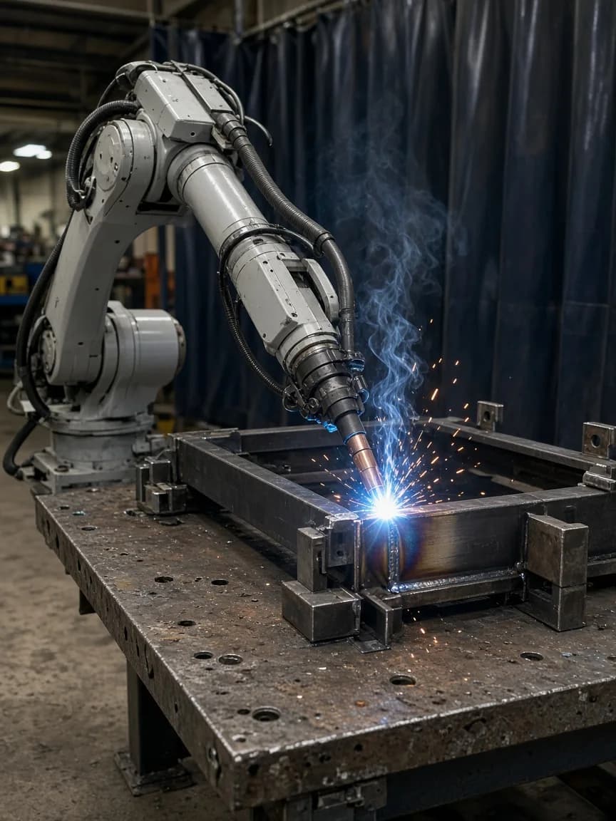 Example robot arm MIG welding a steel box-section frame on a fixture table (placeholder)