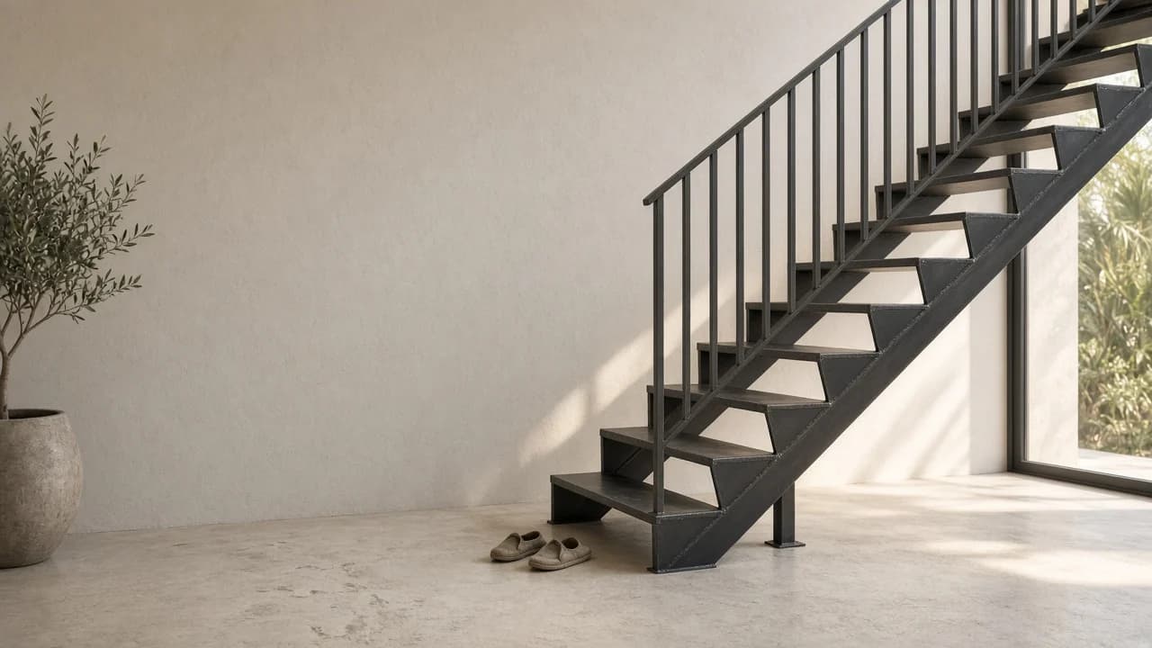 Example welded steel staircase with a flat-bar balustrade in a modern villa (placeholder)